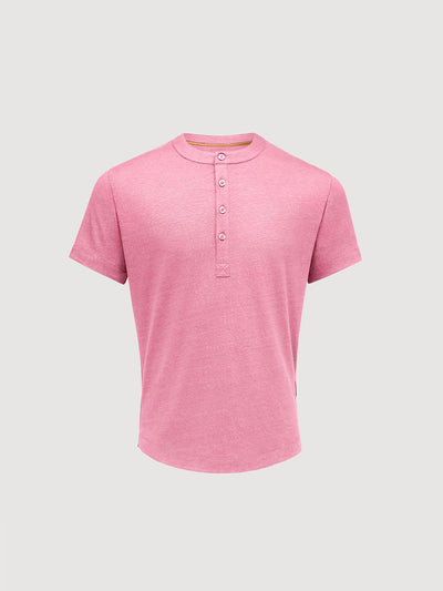 French Linen Short Sleeve Henley in *Quartz Pink* (dusty pink) — flat lay front | Y.Chroma