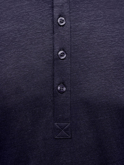 rench Linen Short Sleeve Henley in *Midnight Blue* (navy blue) — placket and three-button detail | Y.Chroma