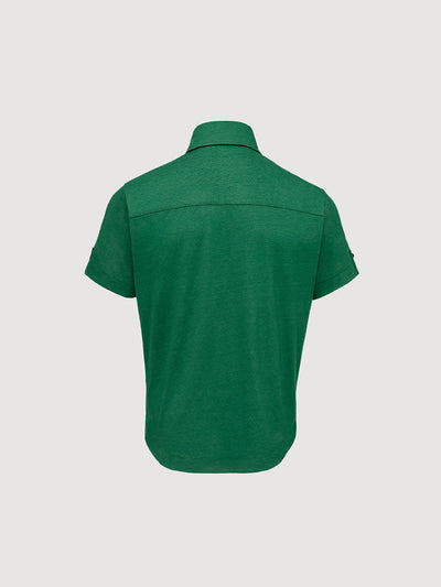Madeira French Linen Short Sleeve Polo in *British Green* (forest green) — flat lay back | Y.Chroma