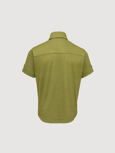 Madeira French Linen Short Sleeve Polo in *Military Olive* (olive green) — flat lay back | Y.Chroma
