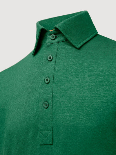 Madeira French Linen Short Sleeve Polo in *British Green* (forest green) — collar detail | Y.Chroma