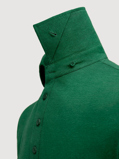 Madeira French Linen Short Sleeve Polo in *British Green* (forest green) — collar button system detail | Y.Chroma