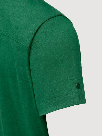 Madeira French Linen Short Sleeve Polo in *British Green* (forest green) — sleeve uncuffed detail | Y.Chroma