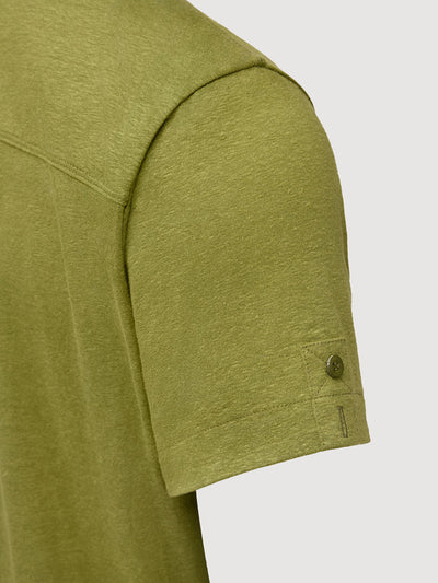 Madeira French Linen Short Sleeve Polo in *Military Olive* (olive green) — sleeve uncuffed detail | Y.Chroma