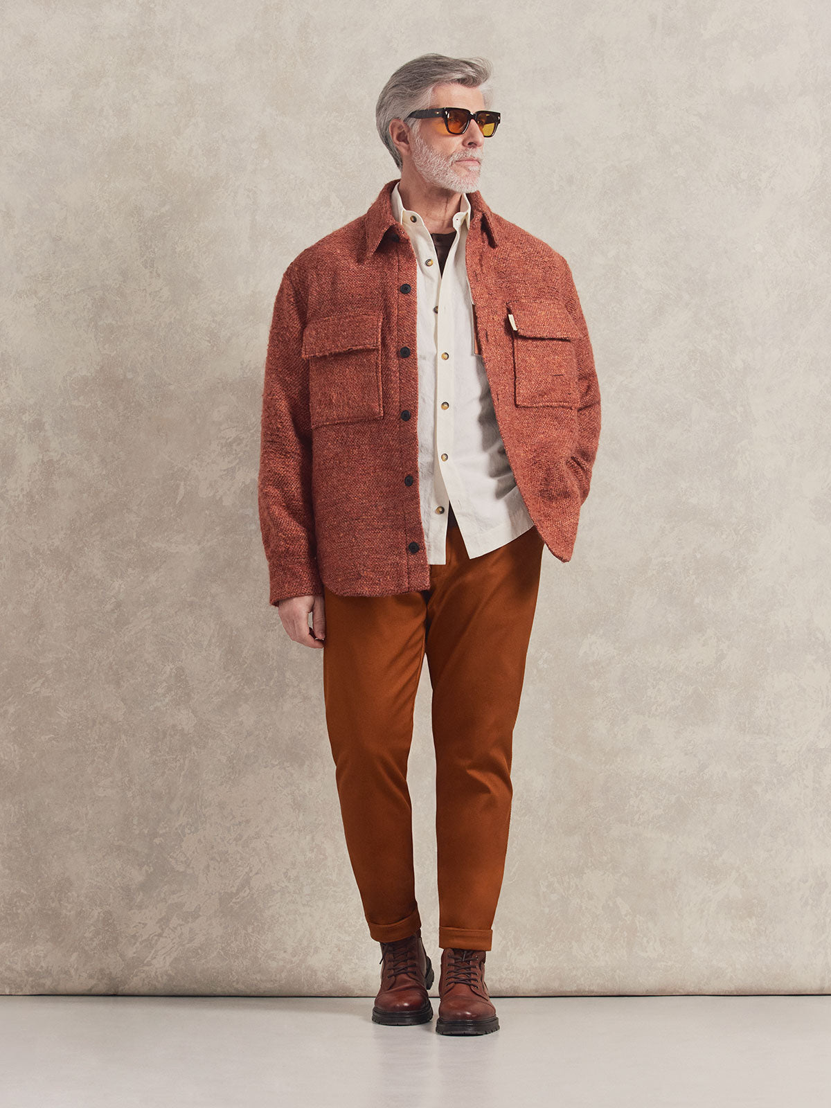 French Linen Short Sleeve Henley in *Java Brown* (warm brown) styled with Burnt Orange Varial Shirt-Cut Jacket, Caramel Café Becker Pant and White Lotus Lagos Canvas Work Shirt — full length lookbook | Y.Chroma