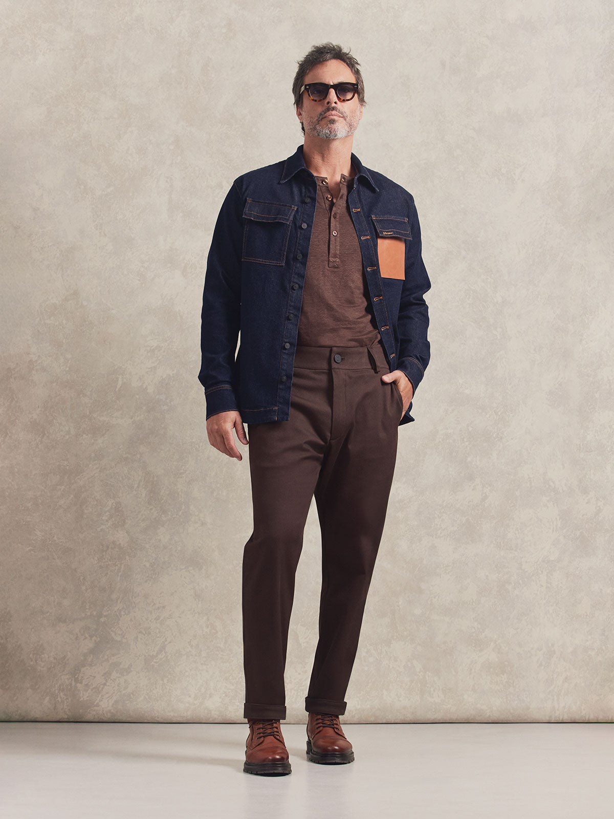 French Linen Short Sleeve Henley in *Java Brown* (warm brown) styled with Java Brown Becker Pant and Classic Blue Cognac Pocket Denim Shirt — full length lookbook | Y.Chroma