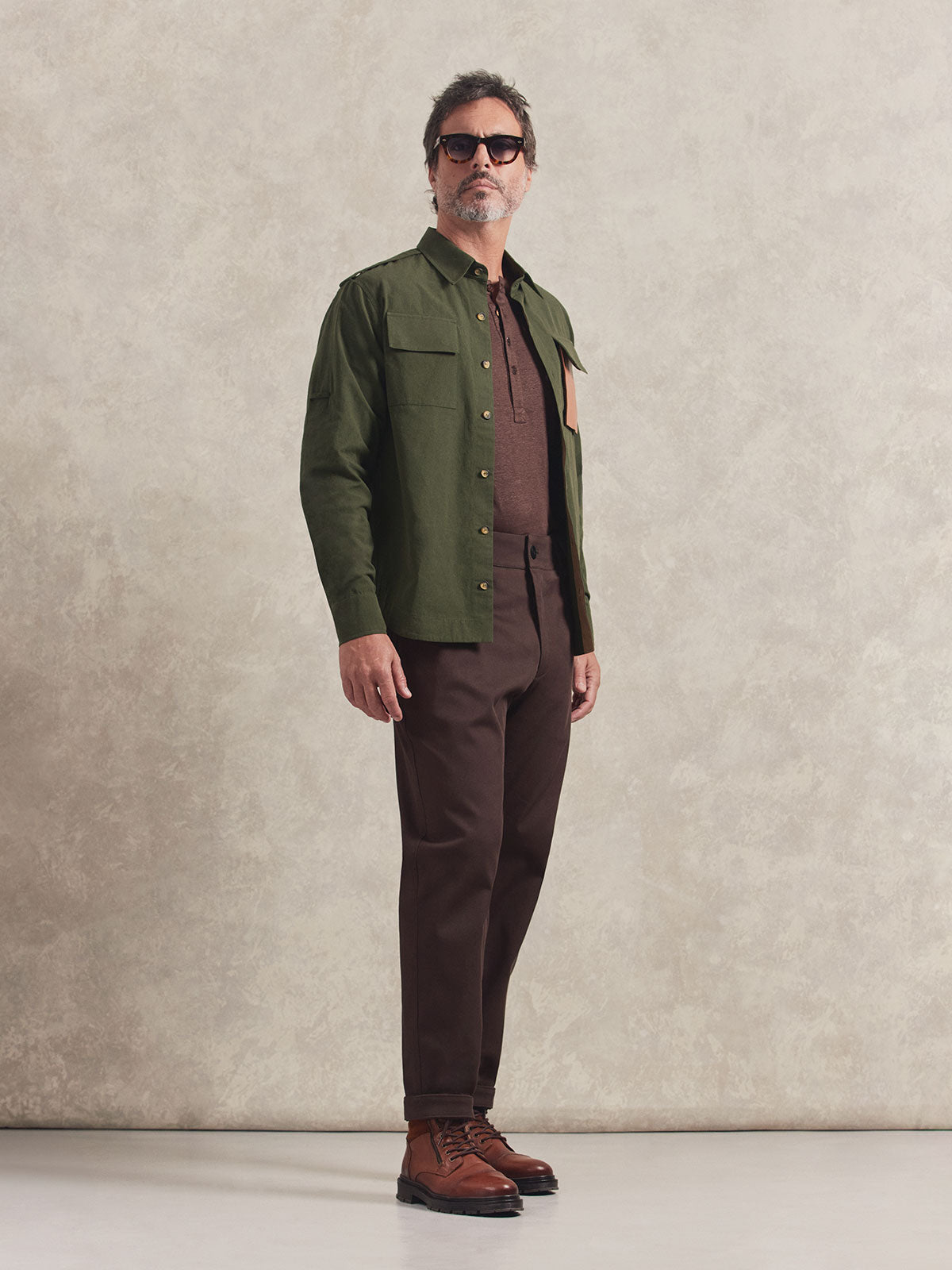 French Linen Short Sleeve Henley in *Java Brown* (warm brown) styled with Java Brown Becker Pant and Military Olive Lagos Canvas Work Shirt — full length lookbook | Y.Chroma