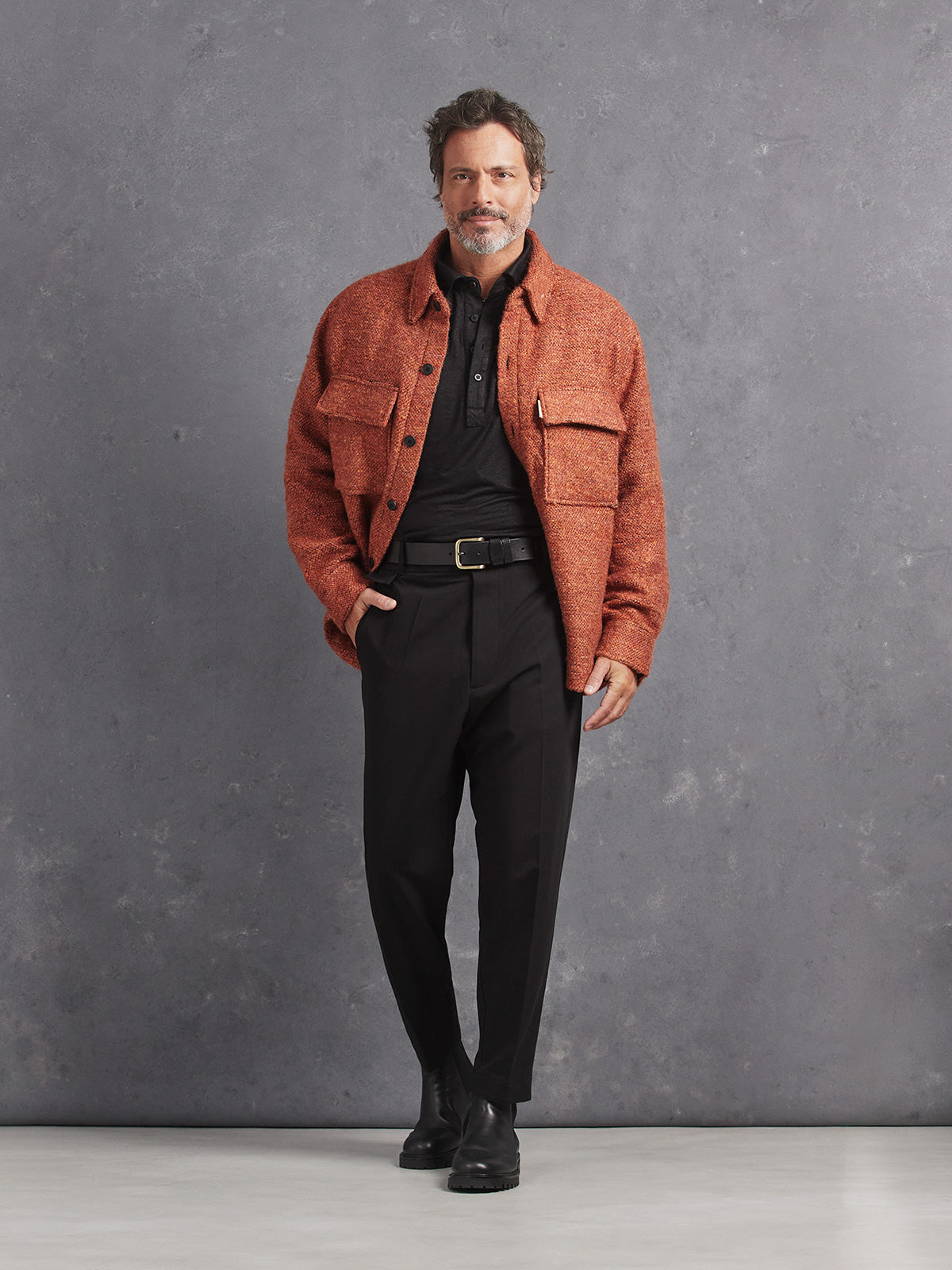 Madeira French Linen Long Sleeve Polo in *Berlin Black* (black) styled with Burnt Orange Varial Shirt-Cut Jacket and Berlin Black Retinol Pant — full length lookbook | Y.Chroma