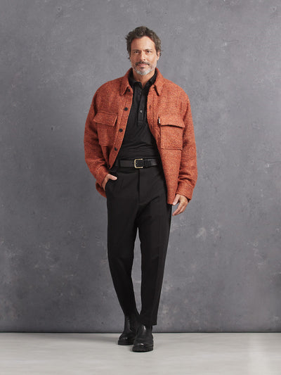 Madeira French Linen Long Sleeve Polo in *Berlin Black* (black) styled with Burnt Orange Varial Shirt-Cut Jacket and Berlin Black Retinol Pant — full length lookbook | Y.Chroma