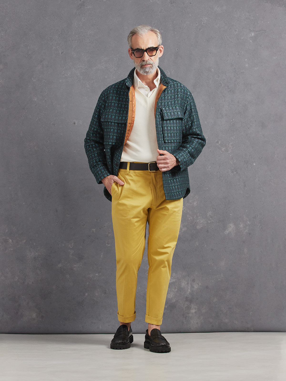 Madeira French Linen Long Sleeve Polo in *White Lotus* (off-white) styled with Royal Gold Skyline Pant, White Lotus Dwayne V-Neck Cashmere Sweater and Teal and Gray Varial Shirt-Cut Jacket — full length lookbook | Y.Chroma