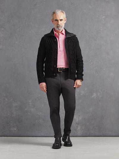 Madeira French Linen Long Sleeve Polo in *Quartz Pink* (dusty pink) styled with Obsidian Gray Becker Pant and Berlin Black Power Cable Sweater — full length lookbook | Y.Chroma