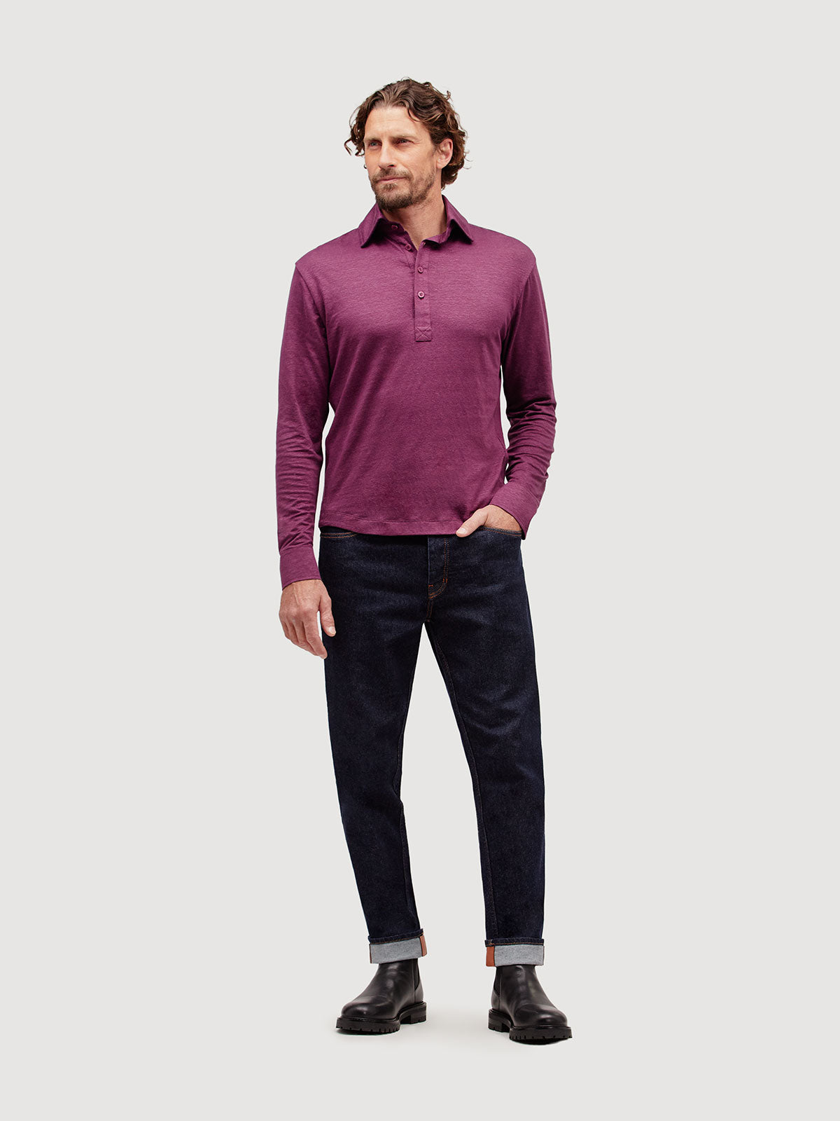 Madeira French Linen Long Sleeve Polo in *Italian Plum* (deep purple) — full length front view | Y.Chroma