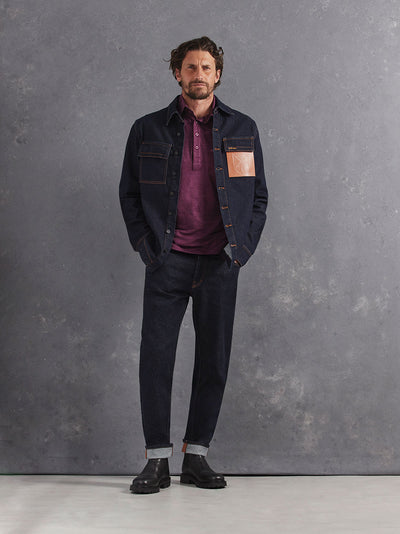 Madeira French Linen Long Sleeve Polo in *Italian Plum* (deep purple) styled with Classic Blue Enduro Jeans and Classic Blue Cognac Pocket Denim Shirt — full length lookbook | Y.Chroma