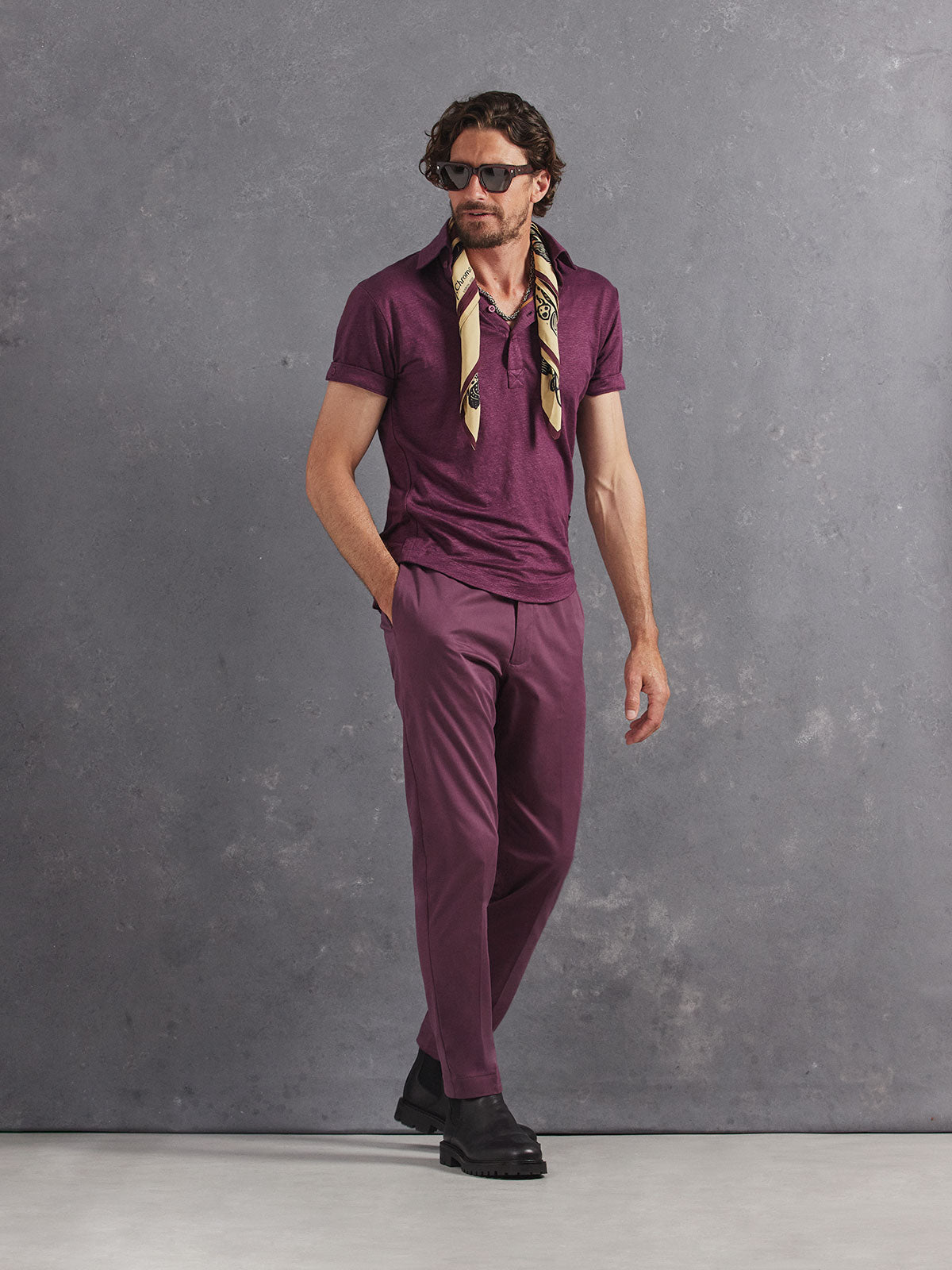 Madeira French Linen Short Sleeve Polo in *Italian Plum* (deep purple) styled with Italian Plum Skyline Pant — full length lookbook | Y.Chroma