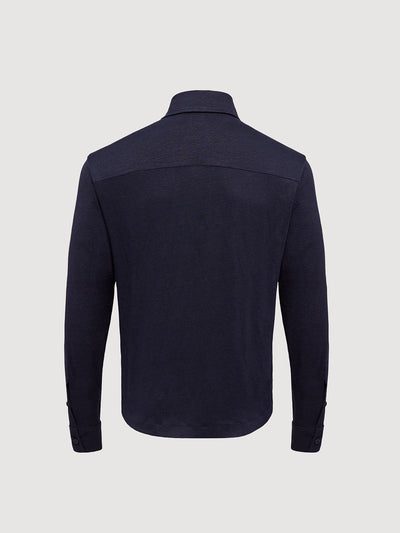 Madeira French Linen Long Sleeve Polo in *Midnight Blue* (navy blue) — flat lay back | Y.Chroma