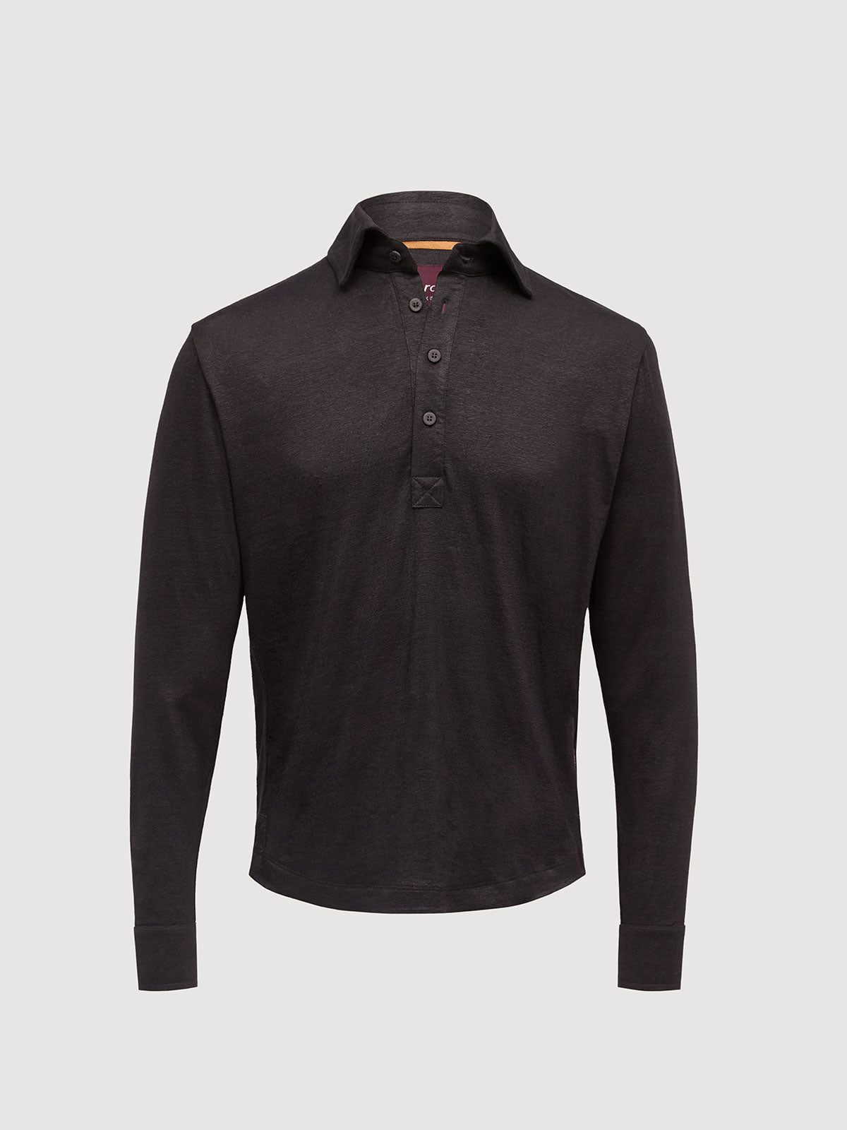 Madeira French Linen Long Sleeve Polo in *Berlin Black* (black) — flat lay front | Y.Chroma