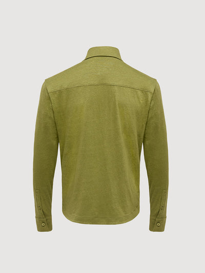 Madeira French Linen Long Sleeve Polo in *Military Olive* (olive green) — flat lay back | Y.Chroma