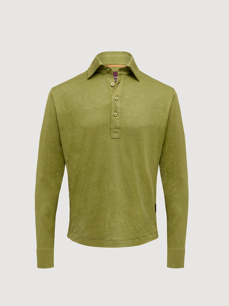 Madeira French Linen Long Sleeve Polo in *Military Olive* (olive green) — flat lay front | Y.Chroma