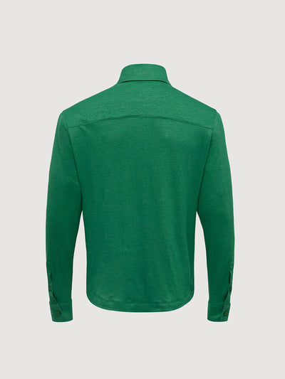Madeira French Linen Long Sleeve Polo in *British Green* (forest green) — flat lay back | Y.Chroma