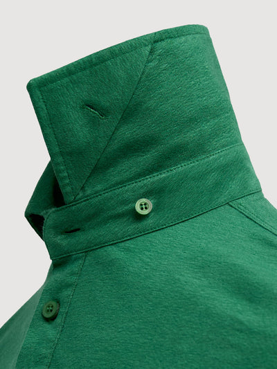 Madeira French Linen Long Sleeve Polo in *British Green* (forest green) — collar button system detail | Y.Chroma