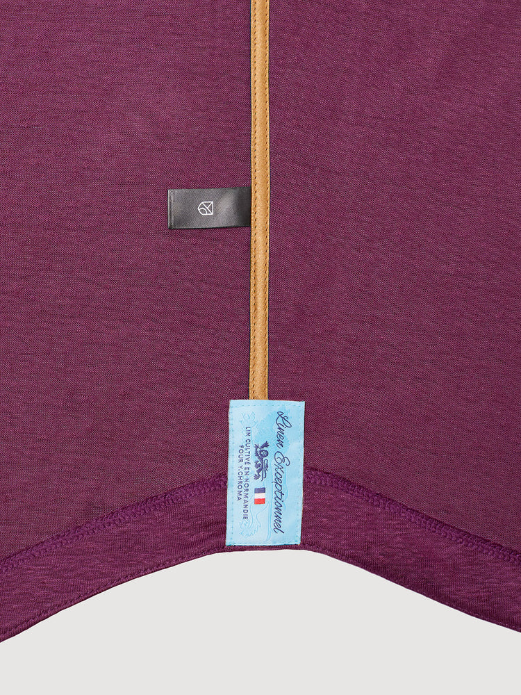 Madeira French Linen Short Sleeve Polo in *Italian Plum* (deep purple) — French linen label detail | Y.Chroma