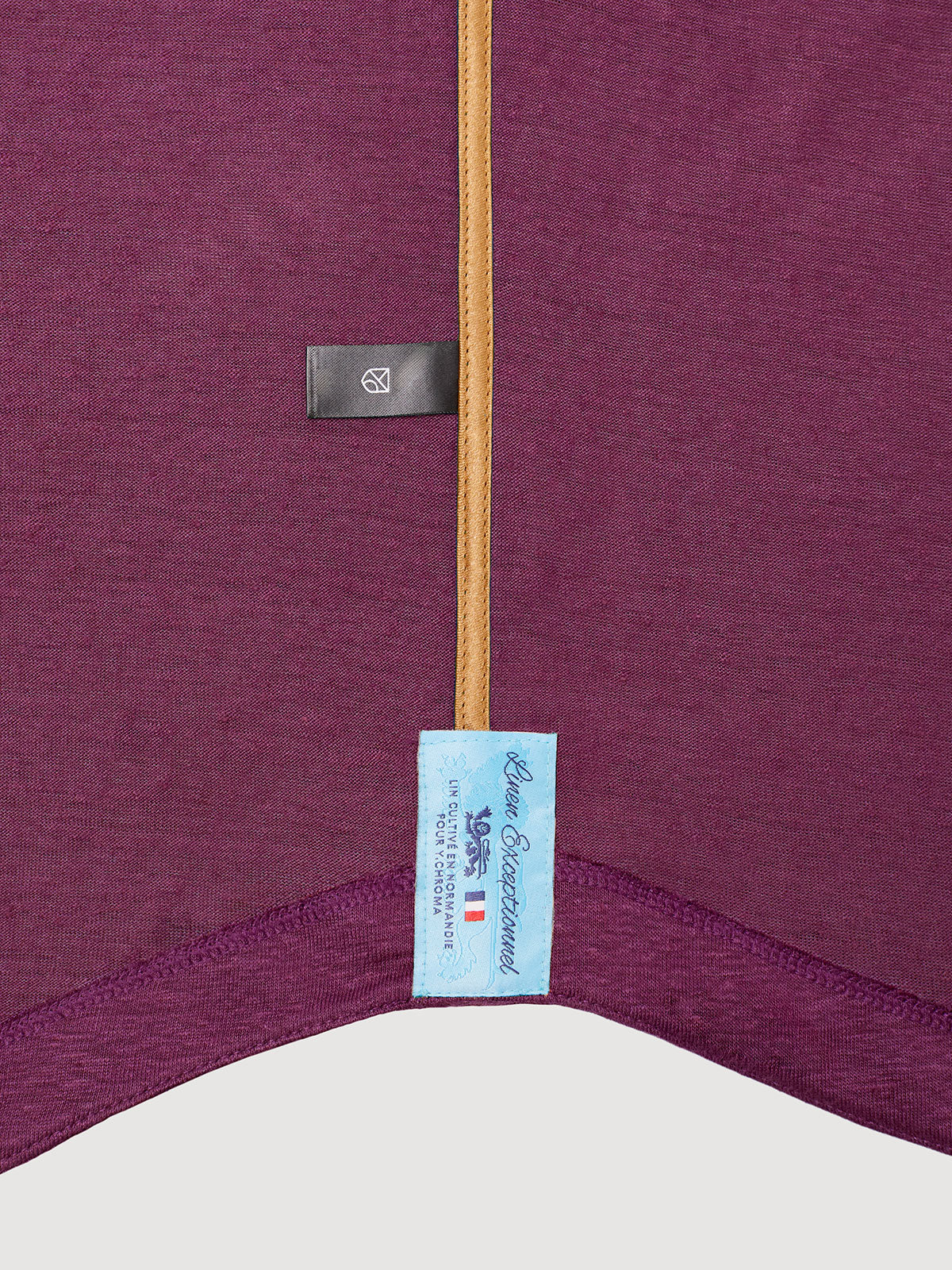 Madeira French Linen Short Sleeve Polo in *Italian Plum* (deep purple) — French linen label detail | Y.Chroma