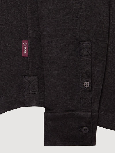 Madeira French Linen Long Sleeve Polo in *Berlin Black* (black) — uncuffed sleeve button detail | Y.Chroma